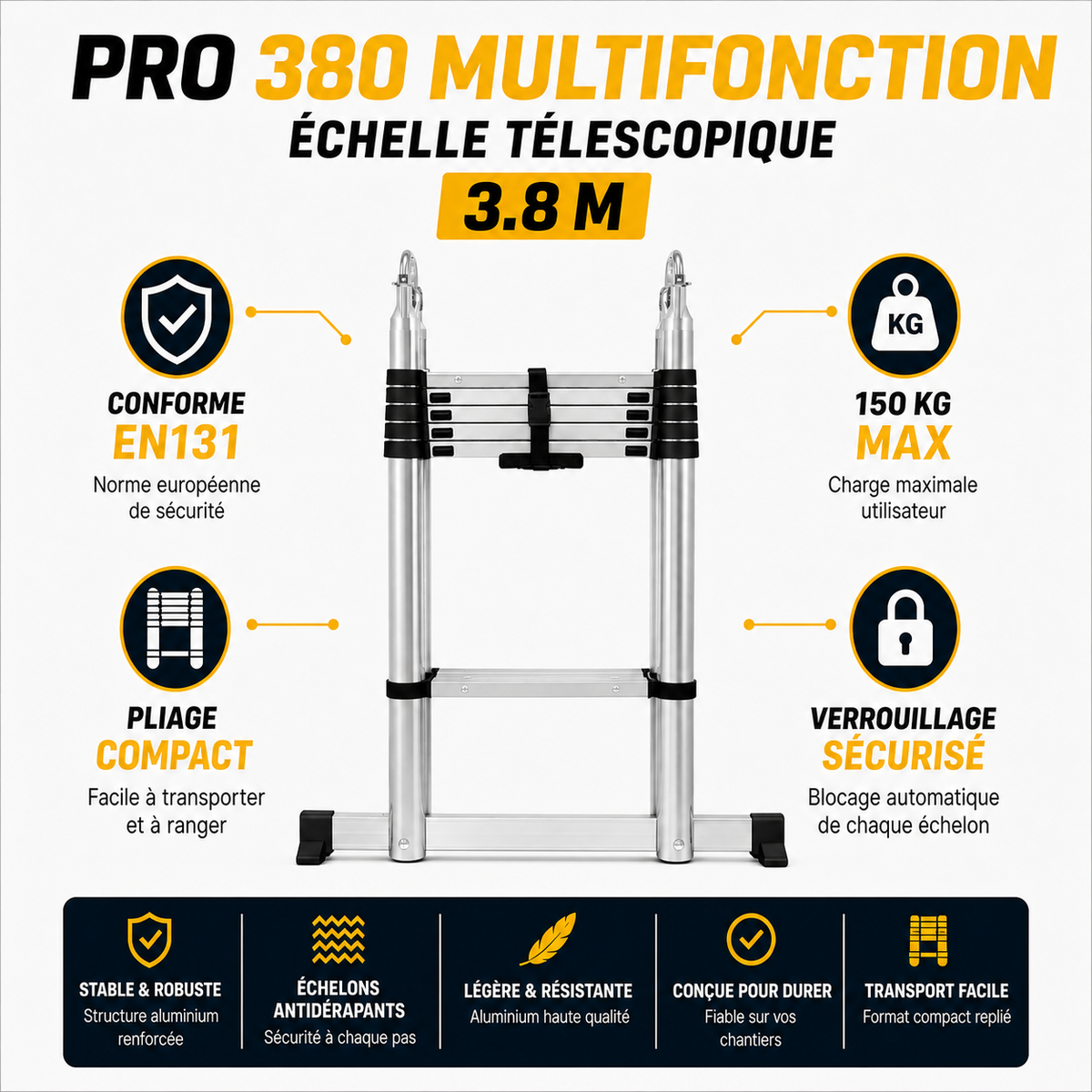 Échelle Télescopique 4 en 1 Pro 380 | 3,8 m Aluminium EN 131 Pro 150 kg – The MaxReach