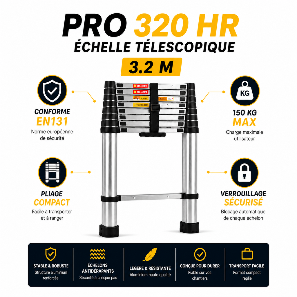 Échelle Télescopique Pro 320 HR | 3,2 m Aluminium Haute Résistance EN 131 Pro 150 kg – The MaxReach