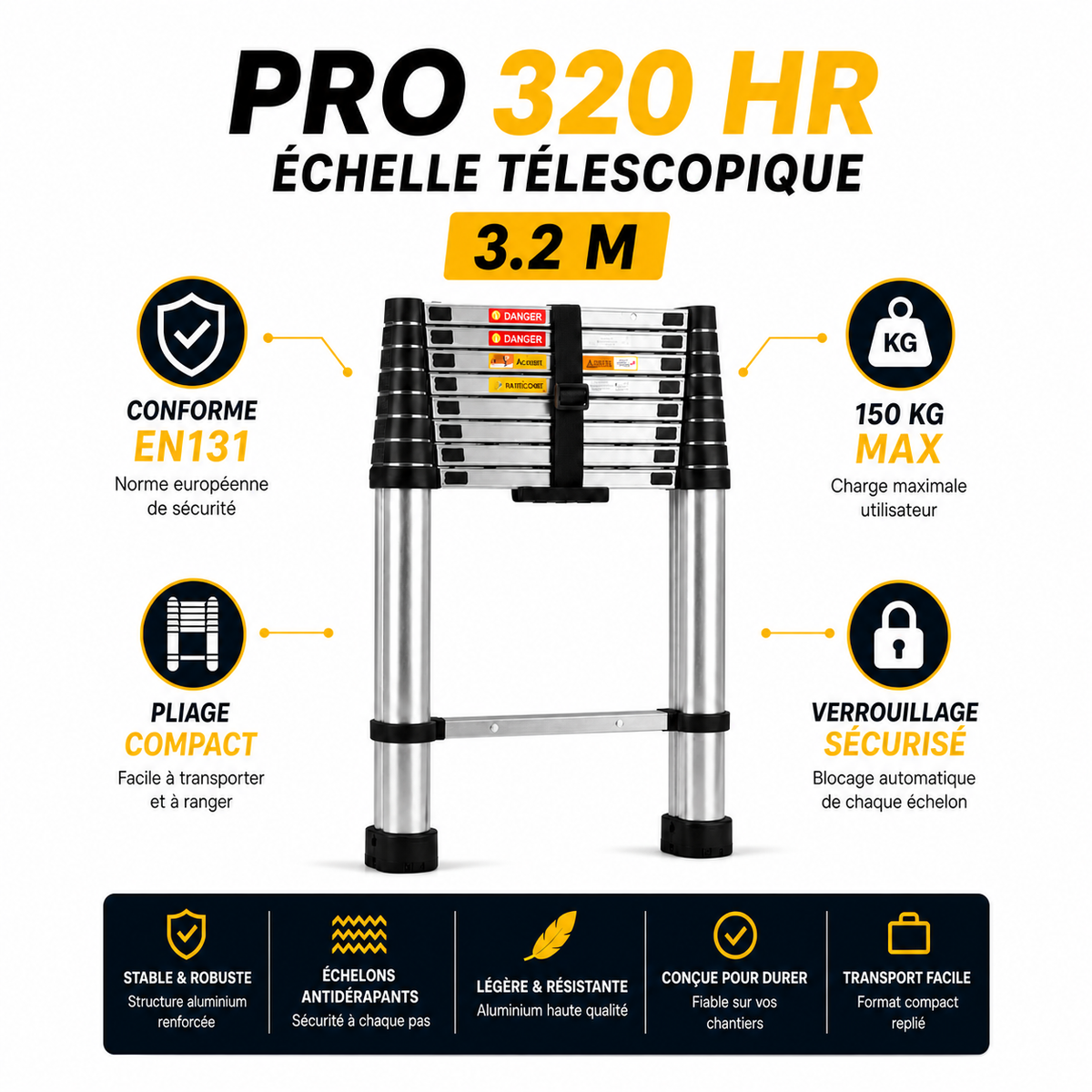 Échelle Télescopique Pro 320 HR | 3,2 m Aluminium Haute Résistance EN 131 Pro 150 kg – The MaxReach