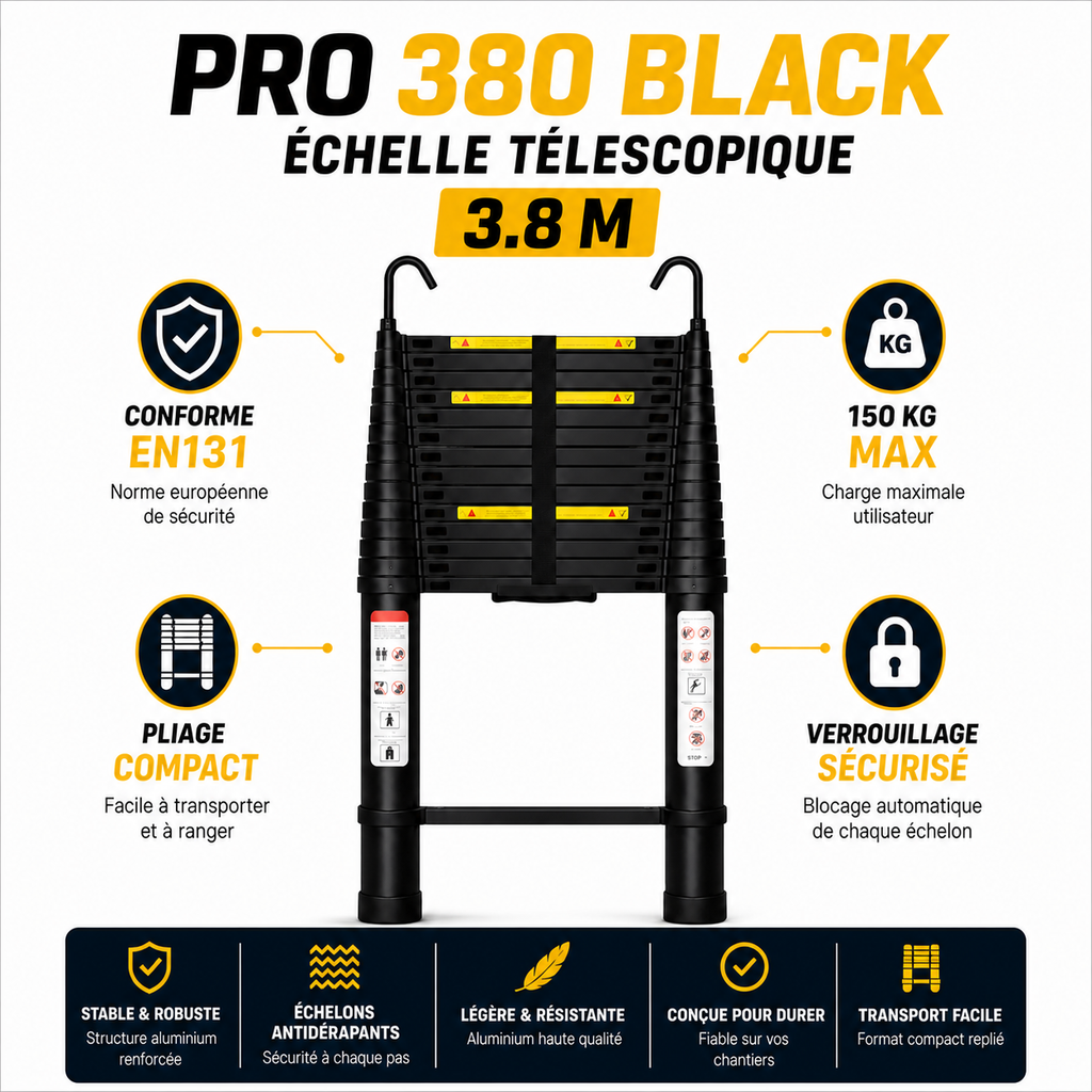 Échelle Télescopique Noire Pro 380 Black | 3,8 m Aluminium EN 131 Pro Crochets Toiture – The MaxReach