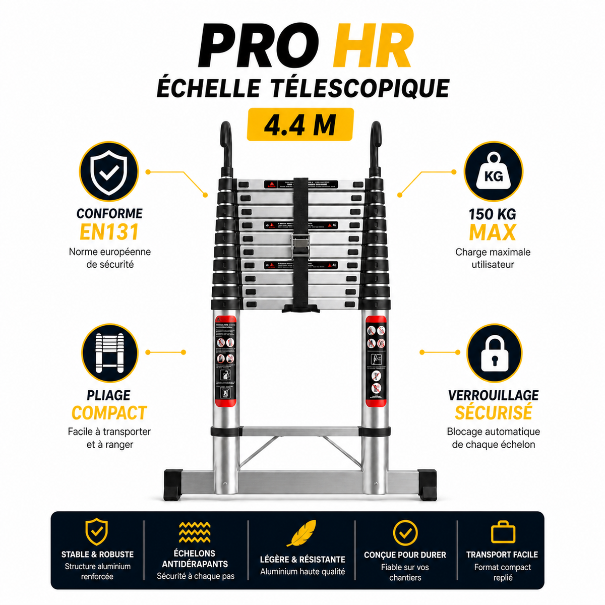 Échelle Télescopique 4,4 m Aluminium EN 131 Pro | 150 kg Verrouillage Sécurisé – The MaxReach