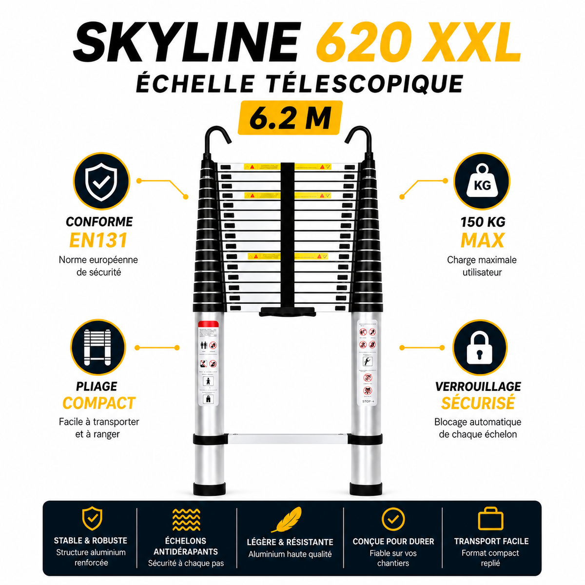 Échelle Télescopique 6,2 m Skyline 620 XXL | Aluminium EN 131 Pro 150 kg Couvreur – The MaxReach
