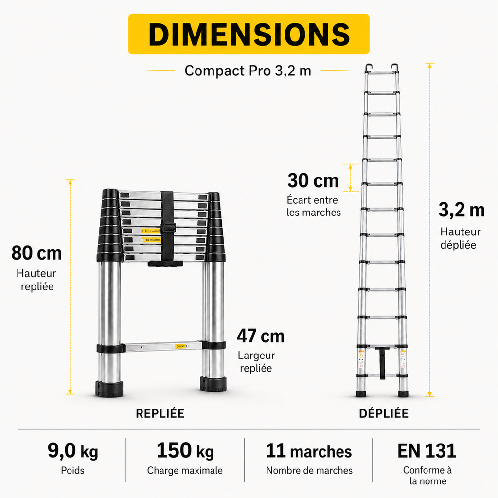 Échelle Télescopique Pro 320 HR | 3,2 m Aluminium Haute Résistance EN 131 Pro 150 kg – The MaxReach