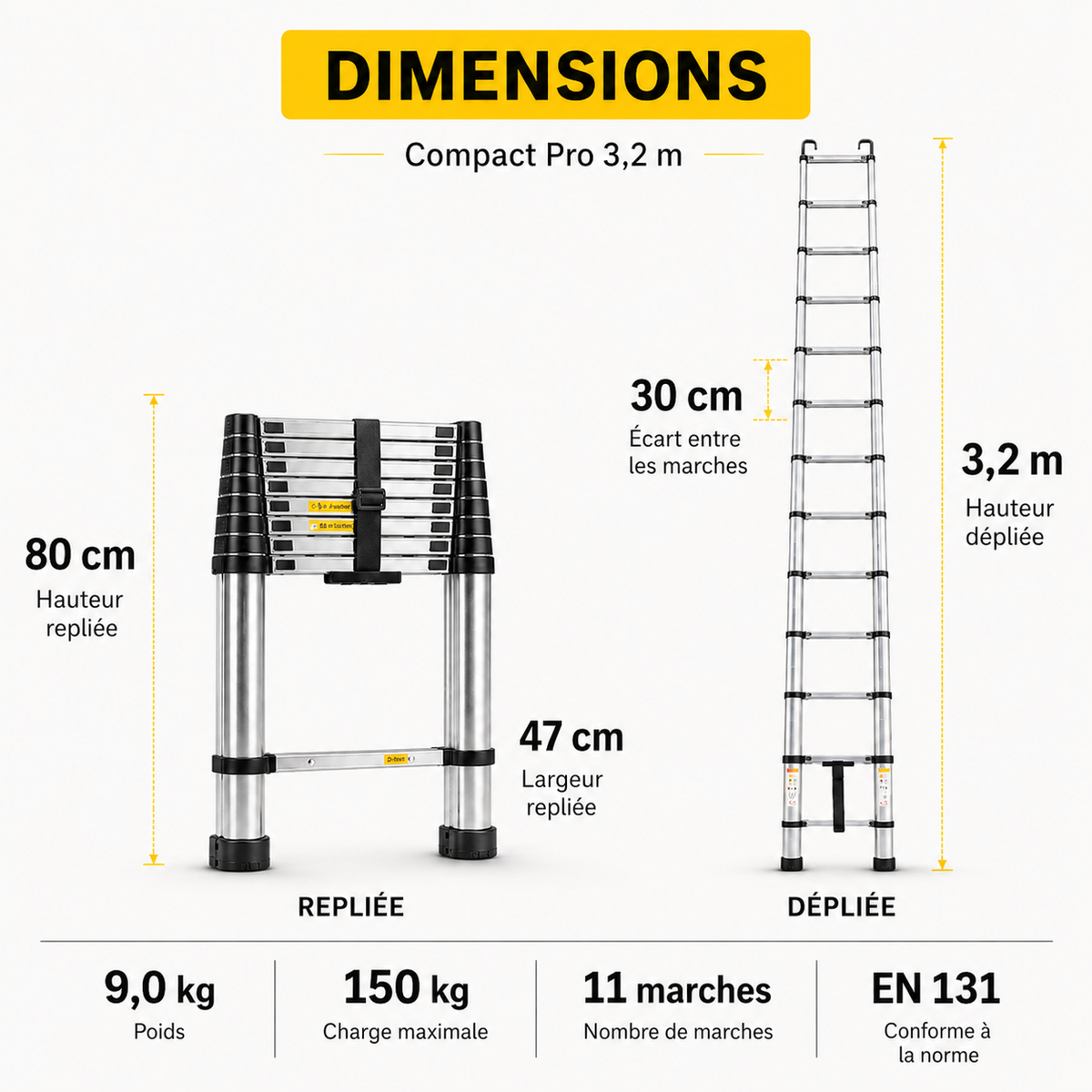Échelle Télescopique Pro 320 HR | 3,2 m Aluminium Haute Résistance EN 131 Pro 150 kg – The MaxReach