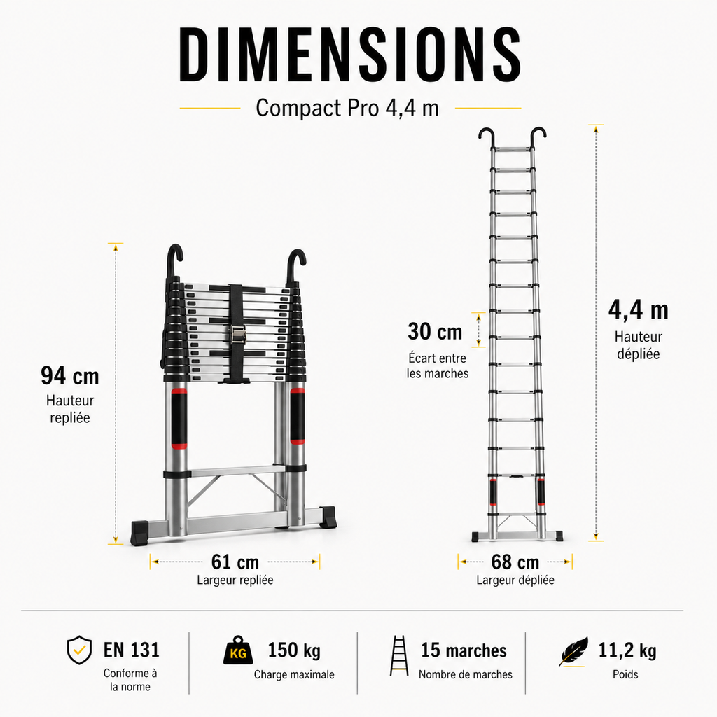 Échelle Télescopique 4,4 m Aluminium EN 131 Pro | 150 kg Verrouillage Sécurisé – The MaxReach