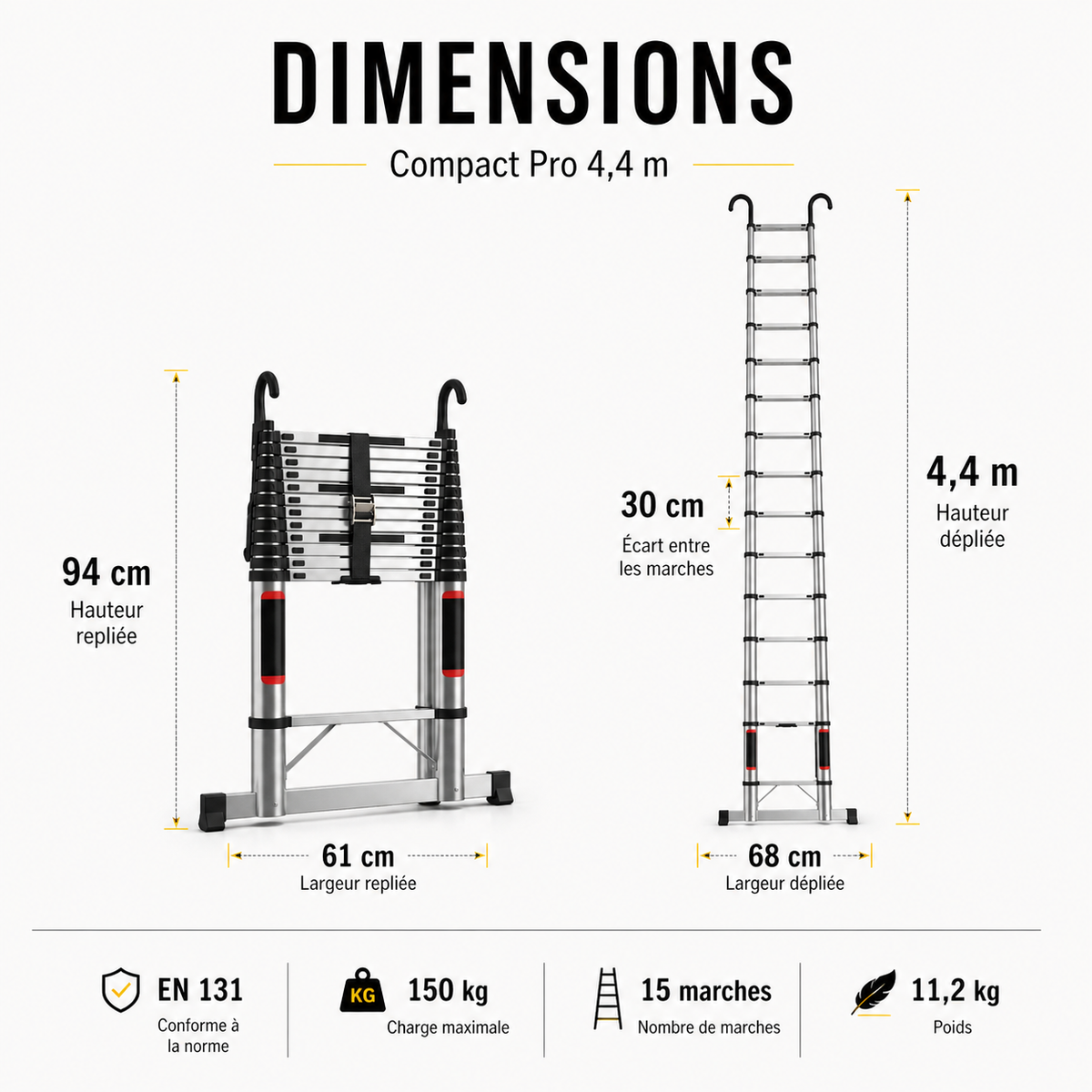 Échelle Télescopique 4,4 m Aluminium EN 131 Pro | 150 kg Verrouillage Sécurisé – The MaxReach