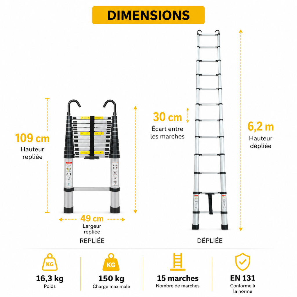 Échelle Télescopique 6,2 m Skyline 620 XXL | Aluminium EN 131 Pro 150 kg Couvreur – The MaxReach