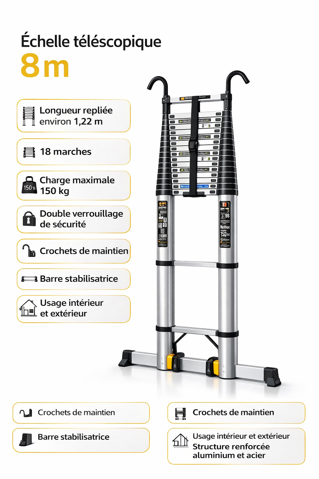 Échelle Télescopique 8 m Skyline Titan | Aluminium EN 131 Pro 150 kg Crochets Toiture – The MaxReach
